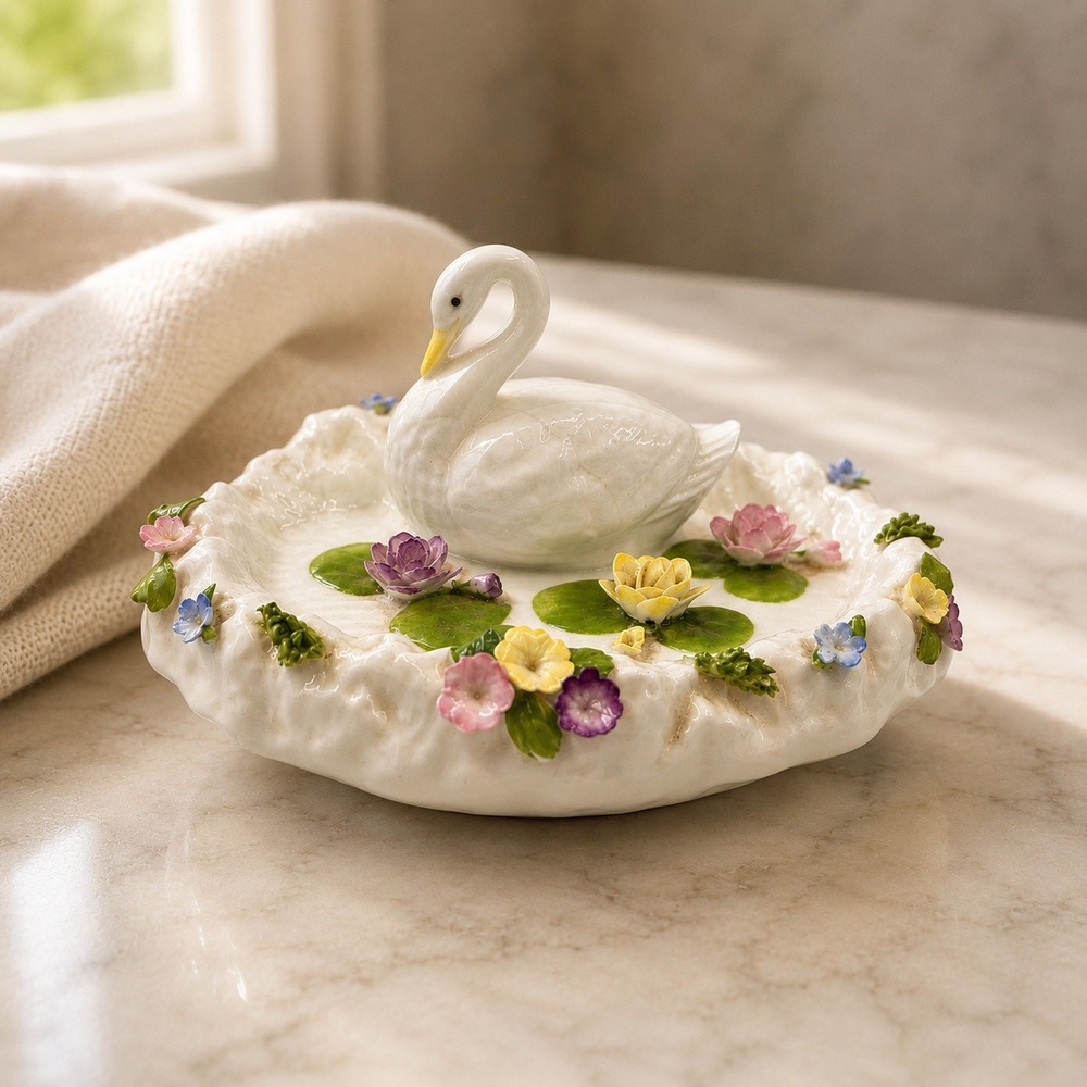 Coalport The Lily Pond Swan Fine Bone China Trinket Dish Floral Made in England